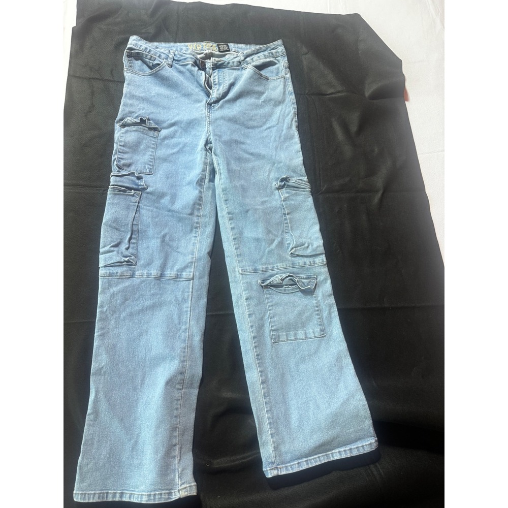 VIP Jeans Womens Light Wash Cargo Wide Leg Denim Pants Size 15/32 Y2K Style